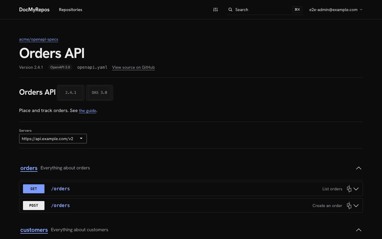 The API reference page of a repository, rendered from its OpenAPI file with servers, tags and operations