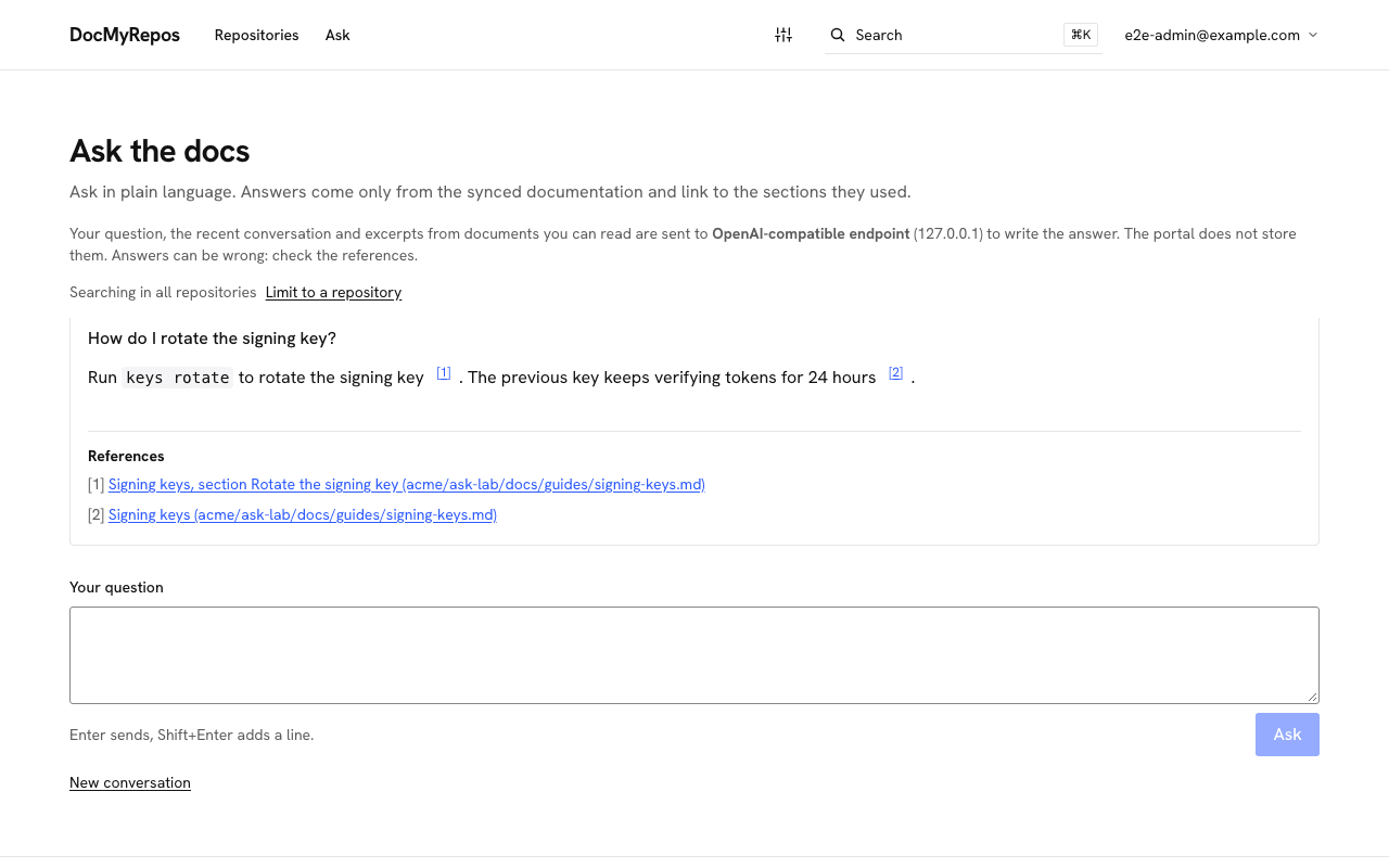 Ask the docs: a plain-language answer with numbered references to the document sections it used