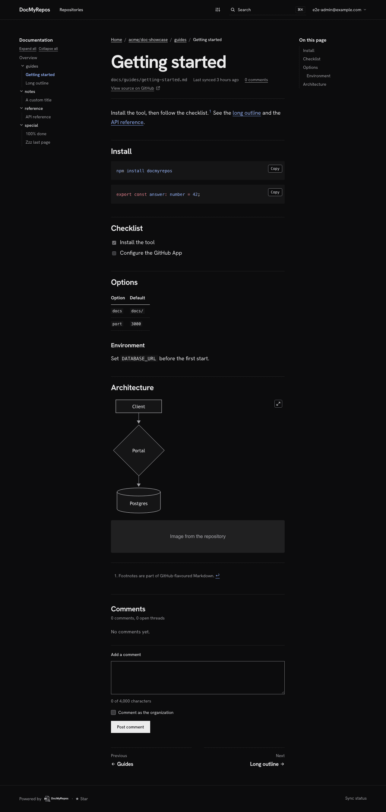 A document page with its metadata, a Mermaid diagram, an outline and the documentation tree
