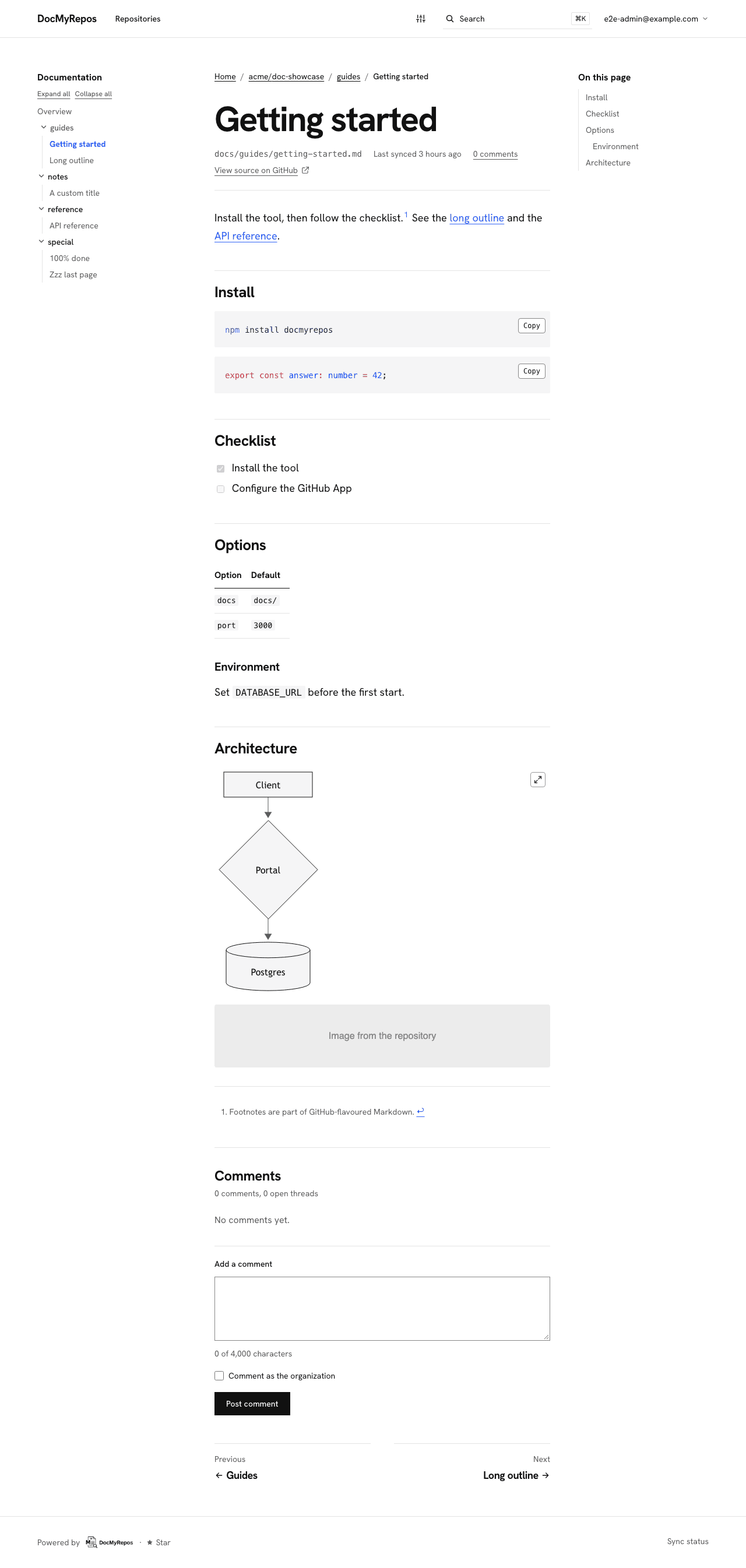 A document page with its metadata, a Mermaid diagram, an outline and the documentation tree