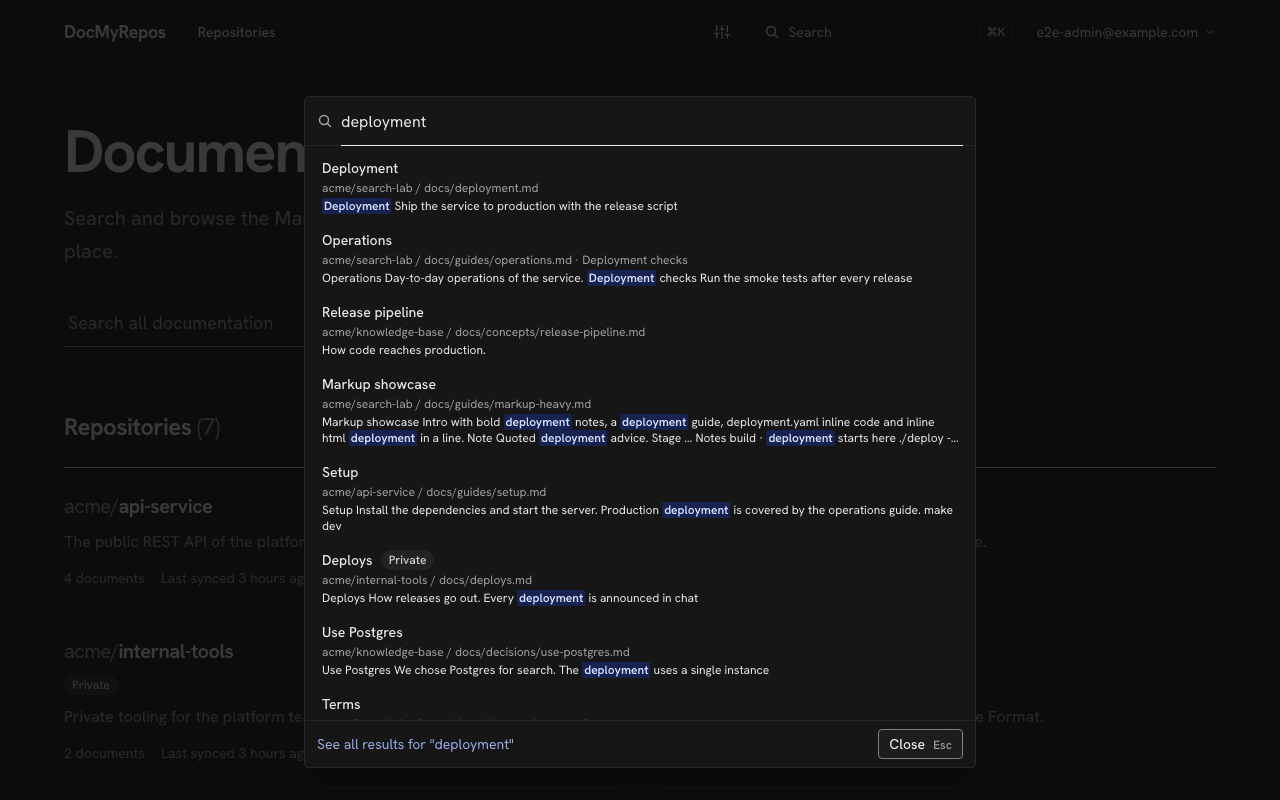 The quick search palette open over a page, listing documents that match the typed words