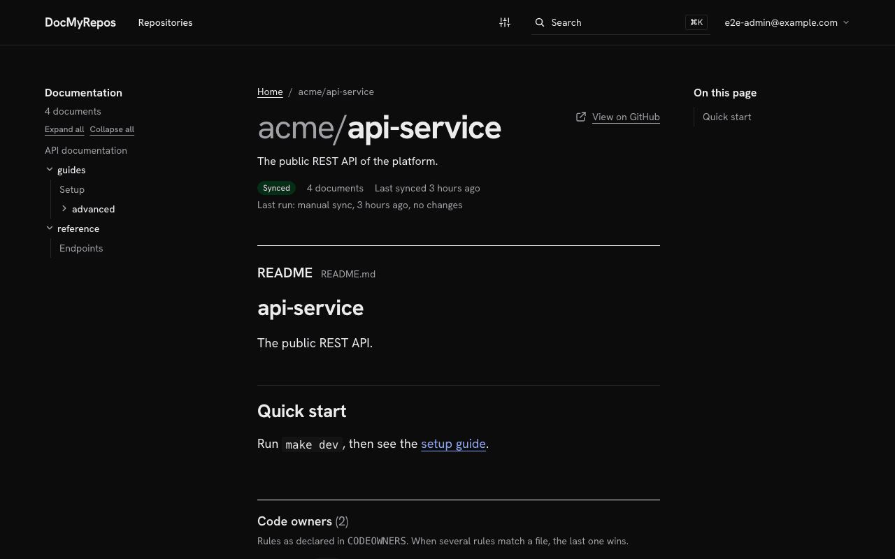 A repository space with its README, the documentation tree and the code owners panel